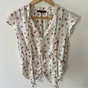 Papermoon White Shear Floral Bow Tie Front Flutter Sleeves Size Large